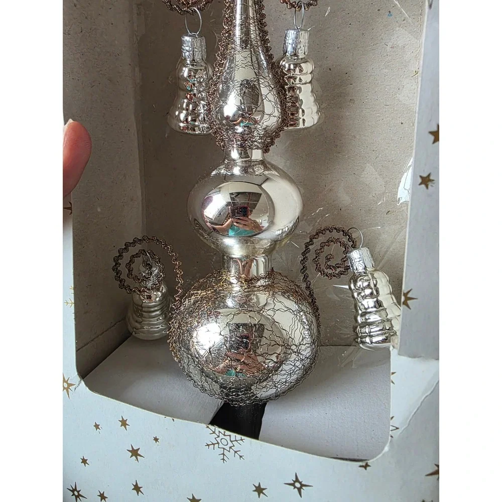 Vintage Czech Republic bell tree topper silver tinsel glass Xmas tree